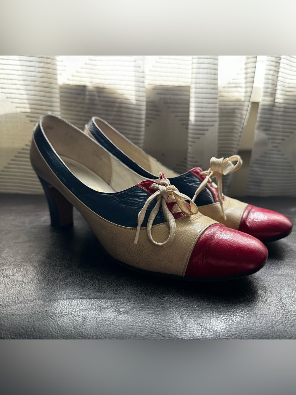 Tri-Color Lace-Up Heels - Red Navy Cream Women’s Pumps